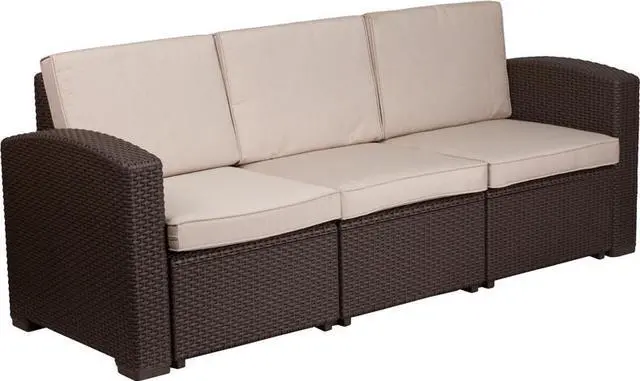 Alt view image 20 of 20 - Chocolate Brown Faux Rattan Sofa with All-Weather Beige Cushions
