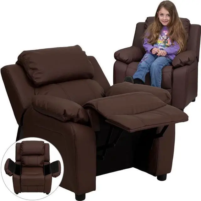 Alt view image 10 of 20 - Flash Furniture BT-7985-KID- BRN-LEA-GG Deluxe Heavily Padded Contemporary Brown Leather Kids Recliner with Storage Arms