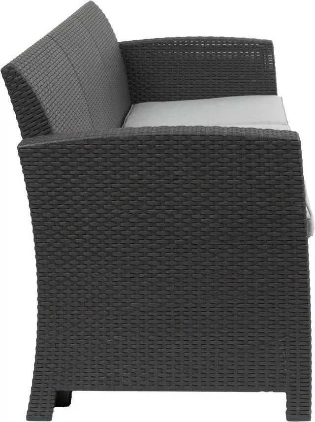 Alt view image 16 of 20 - Dark Gray Faux Rattan Sofa with All-Weather Light Gray Cushions
