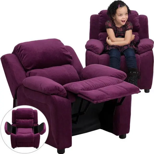 Alt view image 6 of 16 - Flash Furniture BT-7985-KID-MIC-PUR-GG Deluxe Heavily Padded Contemporary Purple Microfiber Kids Recliner with Storage Arms