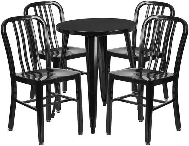 Alt view image 6 of 11 - 24'' Round Black Metal Indoor-Outdoor Table Set with 4 Vertical Slat Back Chairs