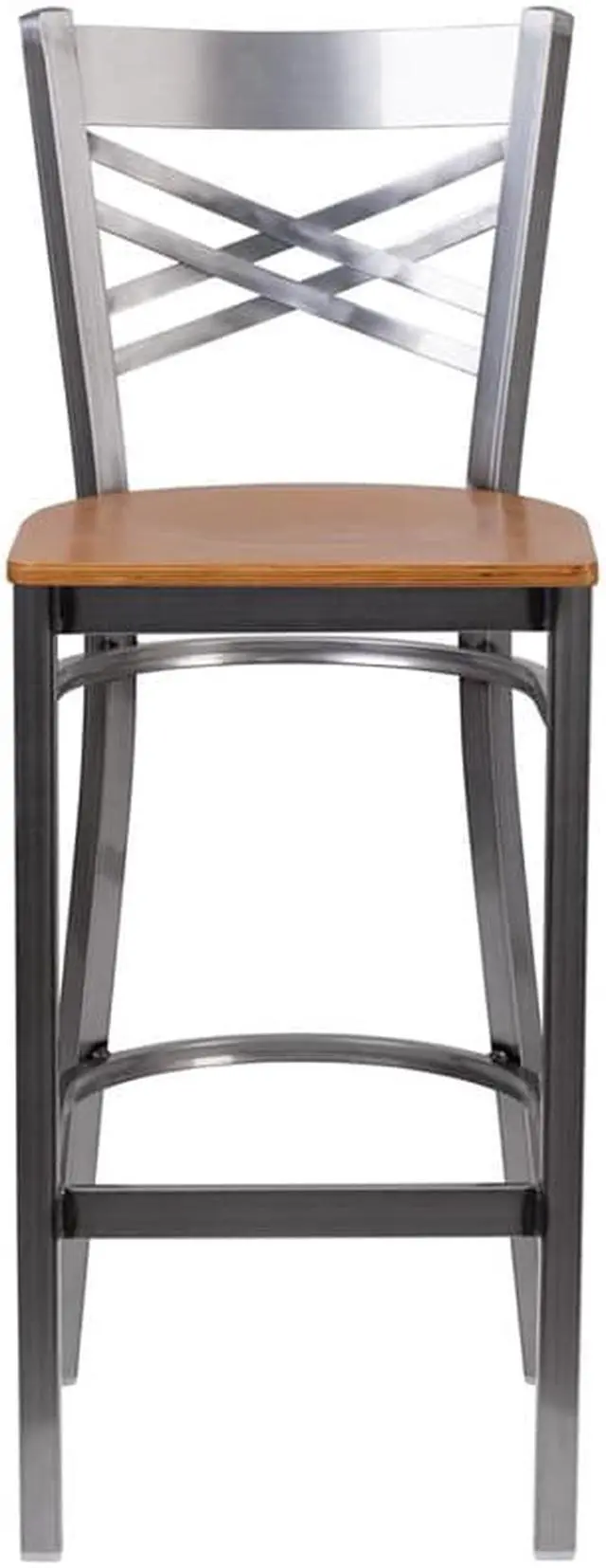 Alt view image 4 of 8 - Flash Furniture HERCULES Series Clear Coated ''X'' Back Metal Restaurant Barstool - Natural Wood Seat