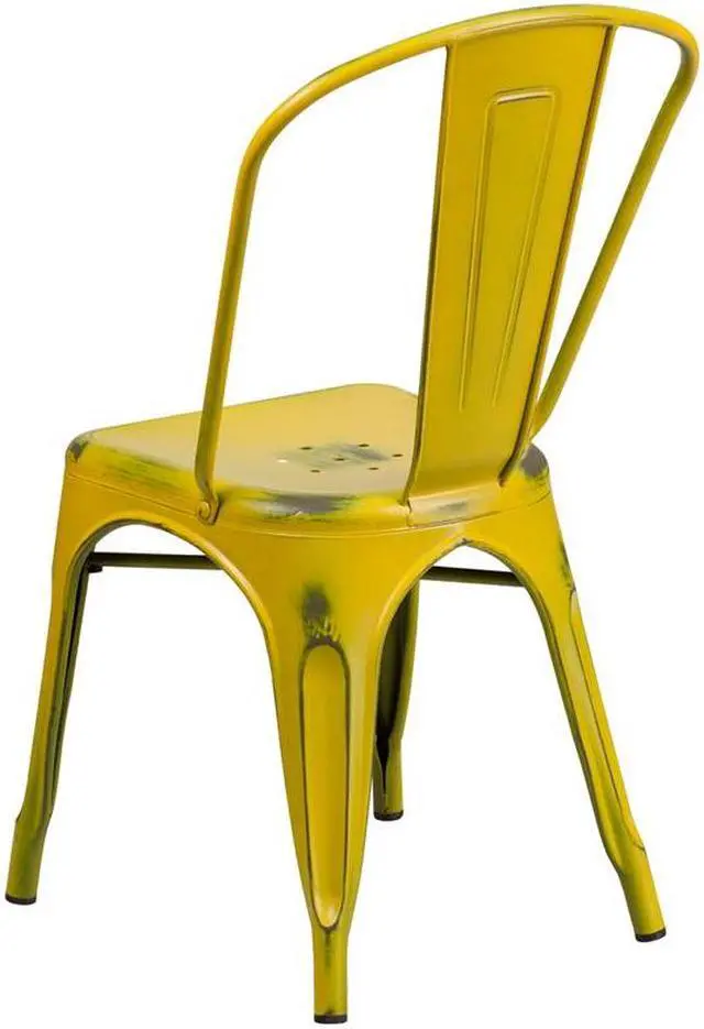 Alt view image 18 of 19 - Commercial Grade Distressed Yellow Metal Indoor-Outdoor Stackable Chair