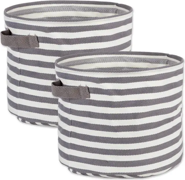 Main image of DII Pe Coated Herringbone Woven Cotton Laundry Bin Stripe Gray Round Medium  (Set of 2)