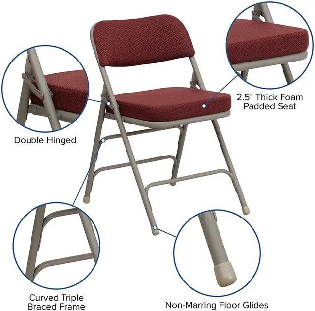 Alt view image 17 of 20 - 2 Pack HERCULES Series Premium Curved Triple Braced & Double Hinged Burgundy Fabric Metal Folding Chair