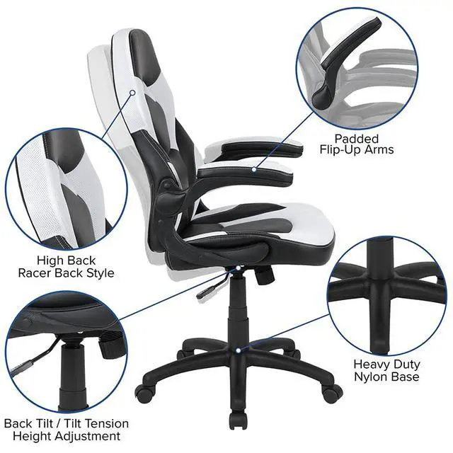Alt view image 16 of 18 - X10 Gaming Chair Racing Office Ergonomic Computer PC Adjustable Swivel Chair with Flip-up Arms, White/Black LeatherSoft