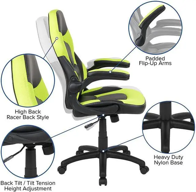 Alt view image 15 of 17 - X10 Gaming Chair Racing Office Ergonomic Computer PC Adjustable Swivel Chair with Flip-up Arms, Neon Green/Black LeatherSoft
