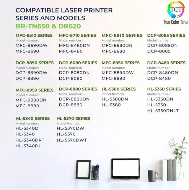 Alt view image 2 of 6 - True Color Toner TN650 Toner Cartridge 2 Pack and DR620 Drum Unit - Premium Compatible Replacements for Brother DCP-8080DN 8085DN HL-5340D 5370DW MFC-8480DN 8890DW