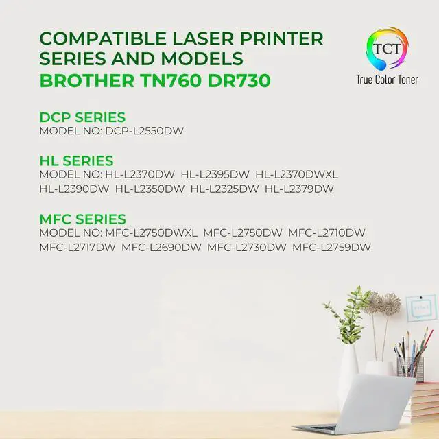 Alt view image 2 of 6 - True Color Toner TN760 Toner Cartridge 2 Pack and DR730 Drum Unit - Premium Compatible Replacements for Brother HL-L2350DW L2370DW DCP-L2550DW MFC-L2710DW L2730DW