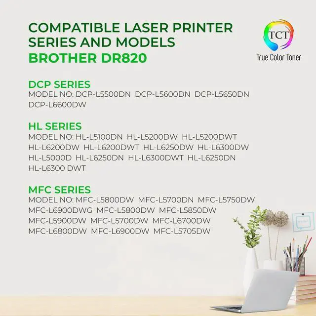 Alt view image 2 of 6 - TCT DR820 TAA Compliant Drum Unit - Premium Compatible Replacement for Brother DR-820 DR820 Works With Brother DCP-L5500DN, HL-L5000D L6200DWT L6300DW, MFC-L5700DW L5900DW L6700DW L6800DW Printers