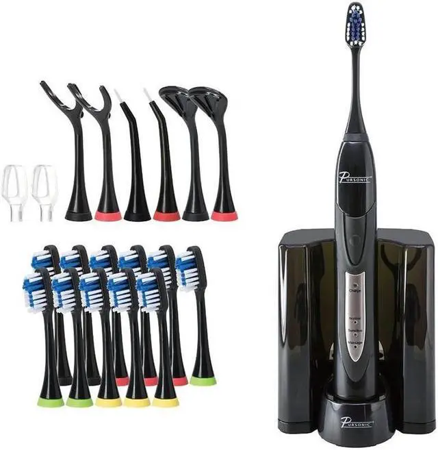 Alt view image 5 of 10 - Pursonic S520BK Sonic movement Rechargeable Electric Toothbrush W/ BONUS 12 Brusheads 2 Tongue cleaners, 2 interdental brush heads and 2 floss holders