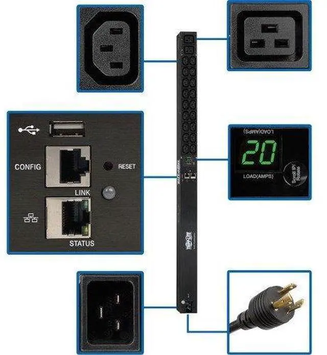 Alt view image 7 of 13 - Tripp Lite 3.3 / 3.7 kW Single-Phase Monitored PDU, LX Platform Interface, 208 / 230V Outlets (18 x C13 / 2 x C19), C20/L6-20P, 0U 35.5", TAA (PDUMNV20HV2LX)