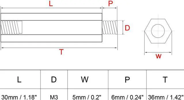 Alt view image 2 of 6 - 10pcs M3 30+6mm Female Male Thread Brass Hex Standoff Spacer Screws PCB Pillar