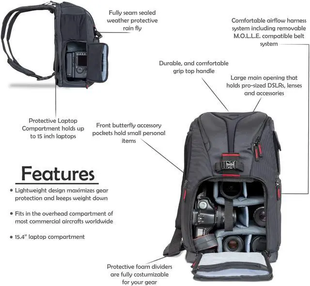 Alt view image 6 of 7 - Deco Gear DSLR Camera Backpack, Customizable Compartments for Cameras, Lenses, Accessories & 15'' Laptop, Weather Protective, Perfect for Canon Nikon & Sony Photographers (Turns Into Sling Bag)