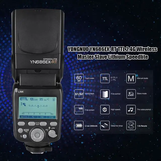 Alt view image 7 of 7 - YONGNUO YN686EX-RT TTL Lithium Speedlite 2.4G Wireless 1/8000s HSS GN60 5600K Master Slave Flash Speedlite with 2000mAh Lithium Battery for Canon Camera