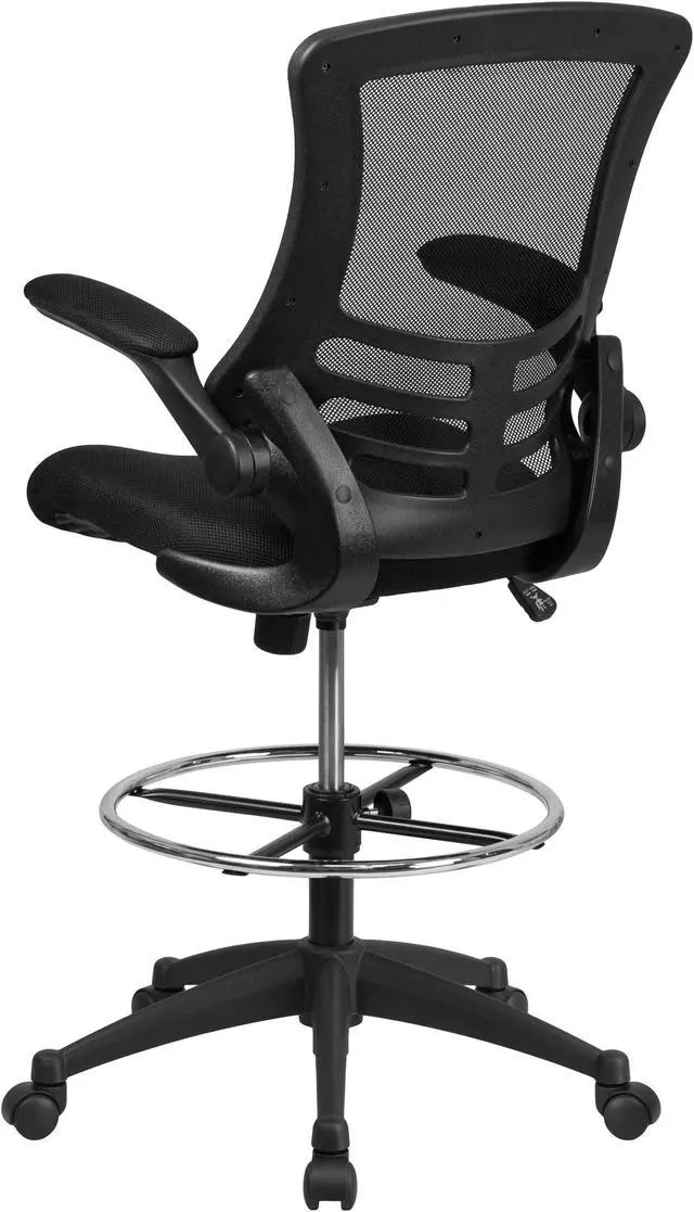 Alt view image 4 of 20 - Mid-Back Black Mesh Ergonomic Drafting Chair with Adjustable Foot Ring and Flip-Up Arms