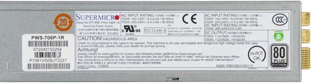 Alt view image 3 of 10 - Supermicro PWS-706P-1R 1U 700/750W Single Output Power Supply Platinum level, 54.5mm width
