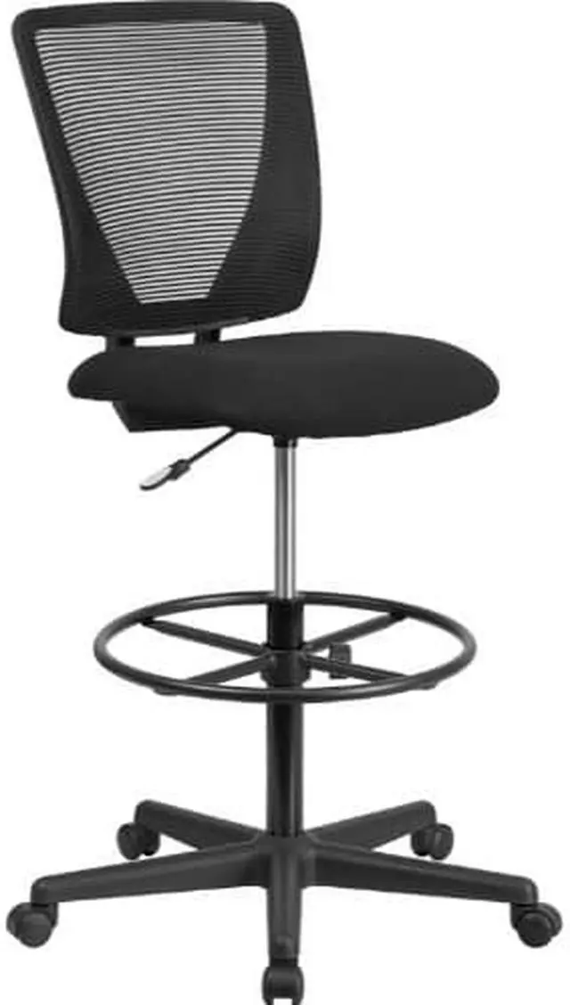 Alt view image 10 of 20 - Ergonomic Mid-Back Mesh Drafting Chair with Black Fabric Seat and Adjustable Foot Ring