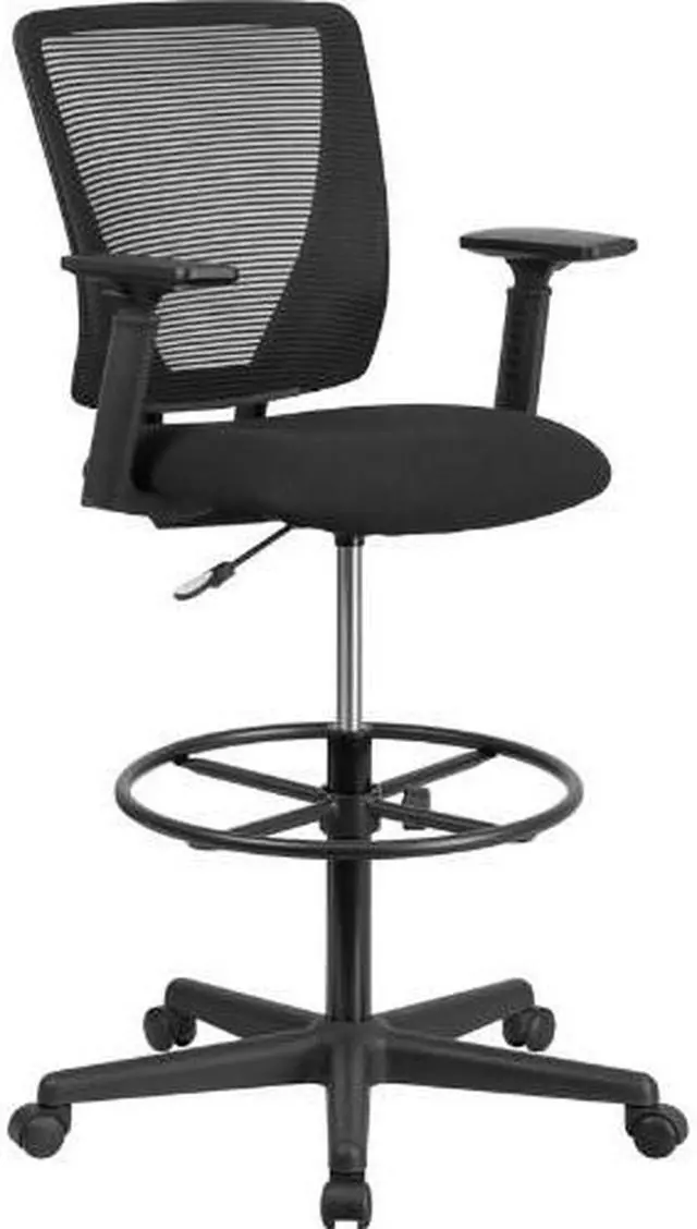 Alt view image 5 of 20 - Ergonomic Mid-Back Mesh Drafting Chair with Black Fabric Seat, Adjustable Foot Ring and Adjustable Arms