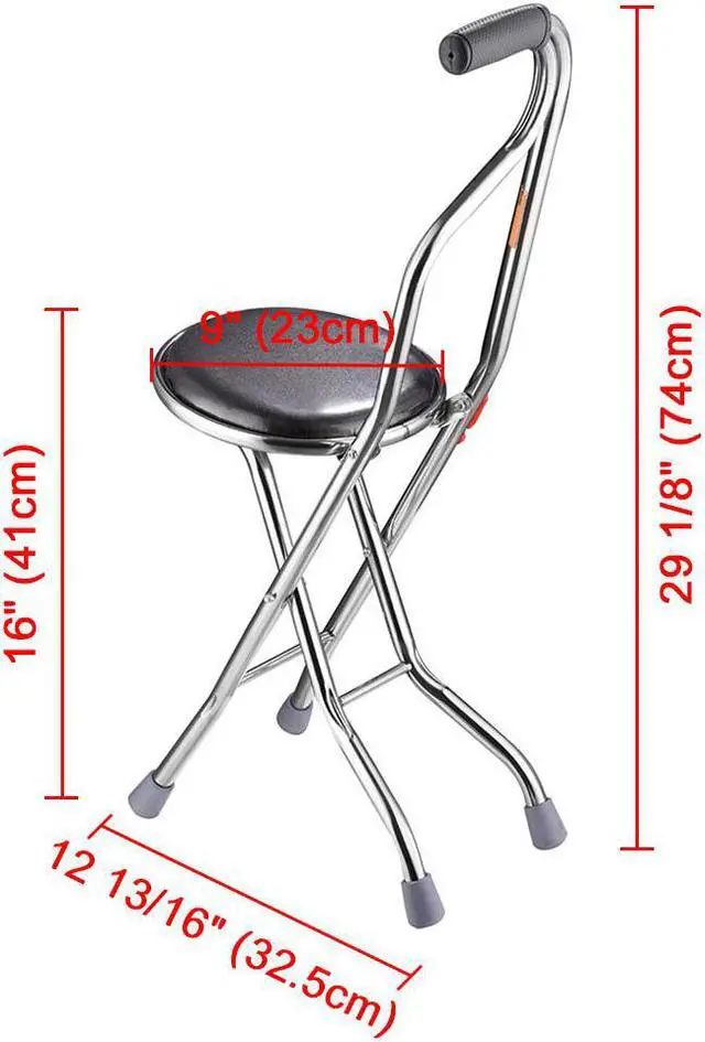 Alt view image 3 of 14 - Medical Folding Walking Stick Seat Four Legged Portable Travel Hiking Cane Chair Stool