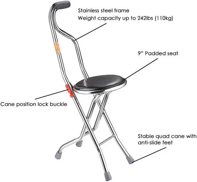 Alt view image 2 of 14 - Medical Folding Walking Stick Seat Four Legged Portable Travel Hiking Cane Chair Stool