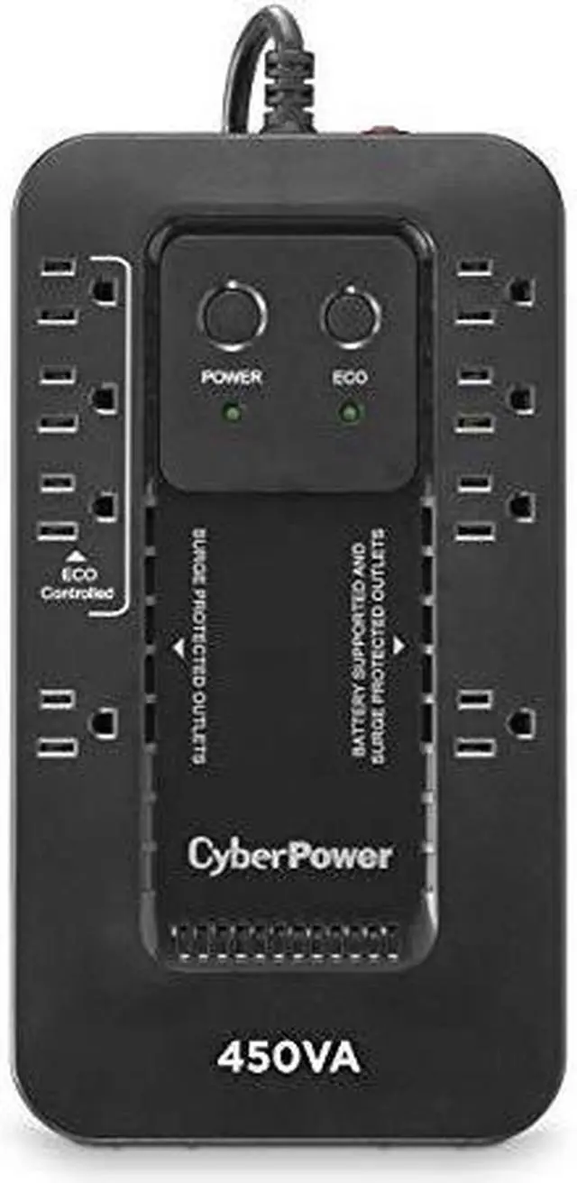 Main image of CYBERPOWER EC450G - UPS - Compact - Standby - Output 120 VAC+/- 5% - 260Watt - 450VA - 10A - USB - Output 8 NEMA 5-15R - Sealed Lead-Acid Battery - Black