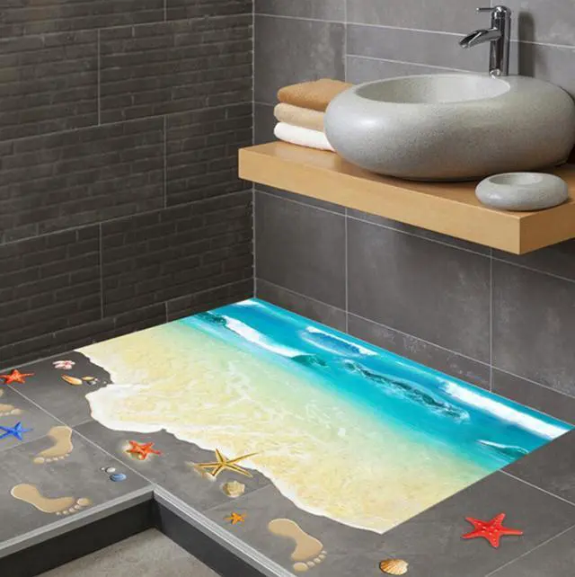 Alt view image 5 of 6 - Creative 3D Wall Stickers Starfish Footprint Beach Bathroom Floor Sticker Sea Vinilos Paredes Kids Poster WT171