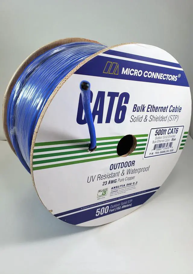 Alt view image 4 of 14 - Micro Connectors  500FT Solid Shielded (STP) CAT6 Outdoor, UV Resistant Bulk Ethernet 23AWG Cable - Blue (TR4-560BLOU-500)