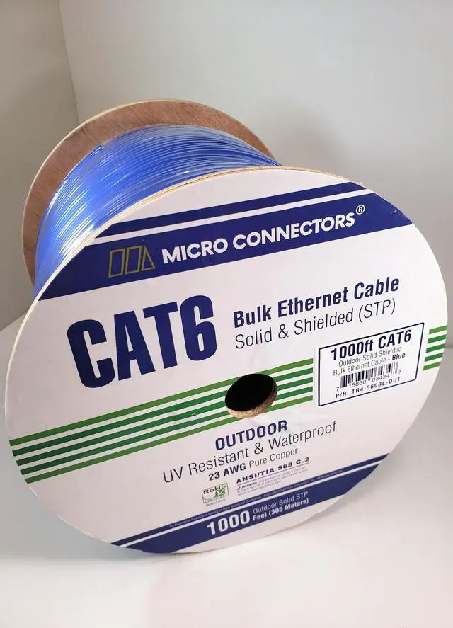 Alt view image 3 of 9 - Micro Connectors 1000 Feet Solid Shielded (STP) CAT6 Outdoor, UV Resistant Bulk Ethernet (23AWG) Cable - Blue (TR4-560BL-OUT)