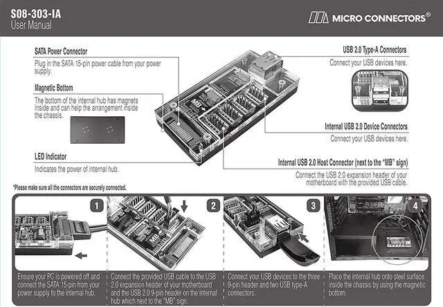 Alt view image 6 of 8 - Micro Connectors - Acrylic Internal USB 2.0 Hub with Magnetic Base - 5 USB 2.0 Ports Expansion