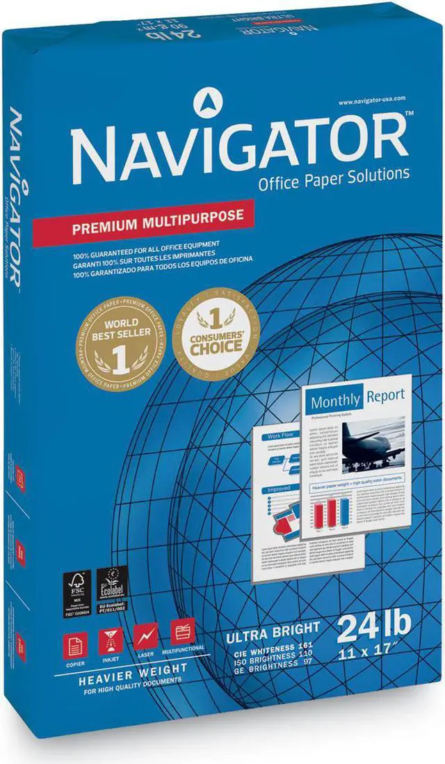 Alt view image 2 of 5 - NAVIGATOR NMP1724 Paper,24lb.,97Br,11"x17",BrightWhite,PK5