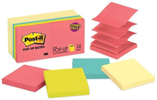 Alt view image 12 of 20 - 3M R33014YWM Pop-Up Note Pad Refills, 3 x 3, 7 Canary Yellow & 7 Asst. Brights 100-Sheet Pads