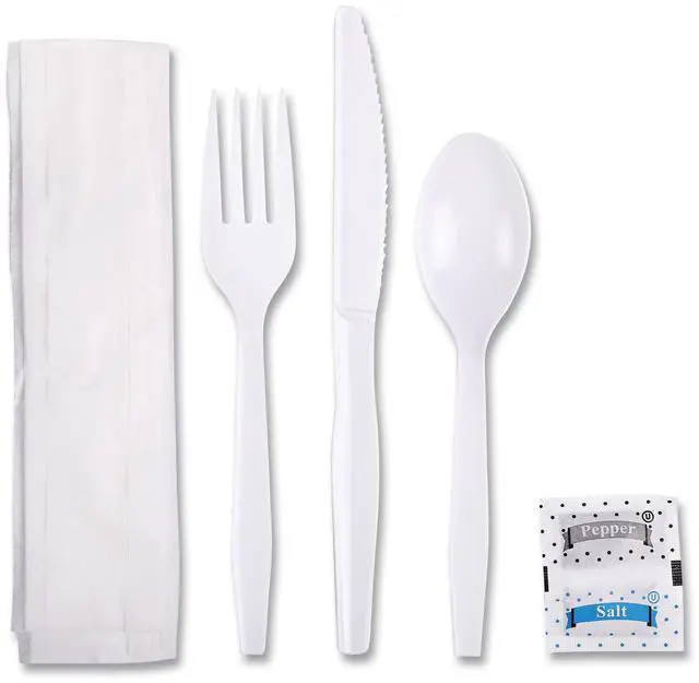 Alt view image 3 of 4 - Boardwalk FKTNSMWPSWH Six-Piece Cutlery Kit, Condiment / Fork / Knife / Napkin / Teaspoon, White, 250 / Carton