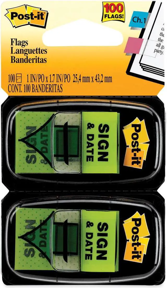 Alt view image 8 of 17 - Post-it Arrow Message 1" Page Flags "Sign and Date" Green 2 50-Flag Dispensers