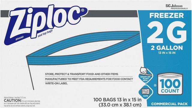 Ziploc Zipper Freezer Bags, 2 gal, 2.7 mil, 13 x 15.5, Clear, 100/Carton