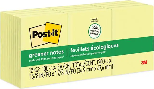 Alt view image 10 of 16 - Post-it Recycled Note Pads 1 1/2 x 2 Canary Yellow 100-Sheet 12/Pack 653RPYW