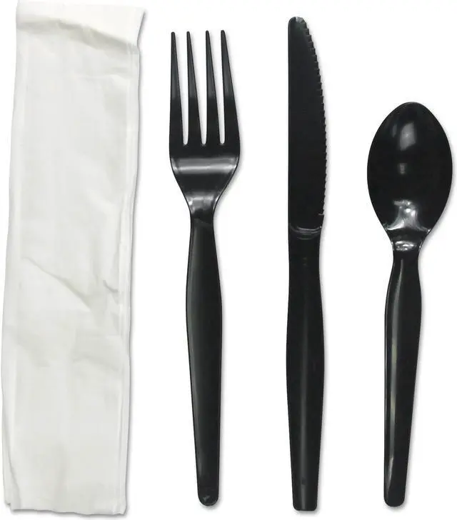 Alt view image 4 of 5 - Boardwalk FKTNMWPSBLA Four-Piece Cutlery Kit, Fork / Knife / Napkin / Teaspoon, Black, 250 / Carton