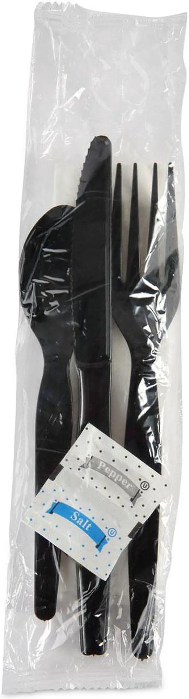 Alt view image 3 of 3 - Boardwalk FKTNSHWPSBLA 6-Pc. Cutlery Kit, Condiment / Fork / Knife / Napkin / Spoon, Heavyweight, Black, 250 / Carton