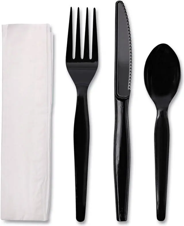Alt view image 3 of 4 - Boardwalk FKTNHWPSBLA Four-Piece Cutlery Kit, Fork / Knife / Napkin / Teaspoon, Heavyweight, Black, 250 / Carton