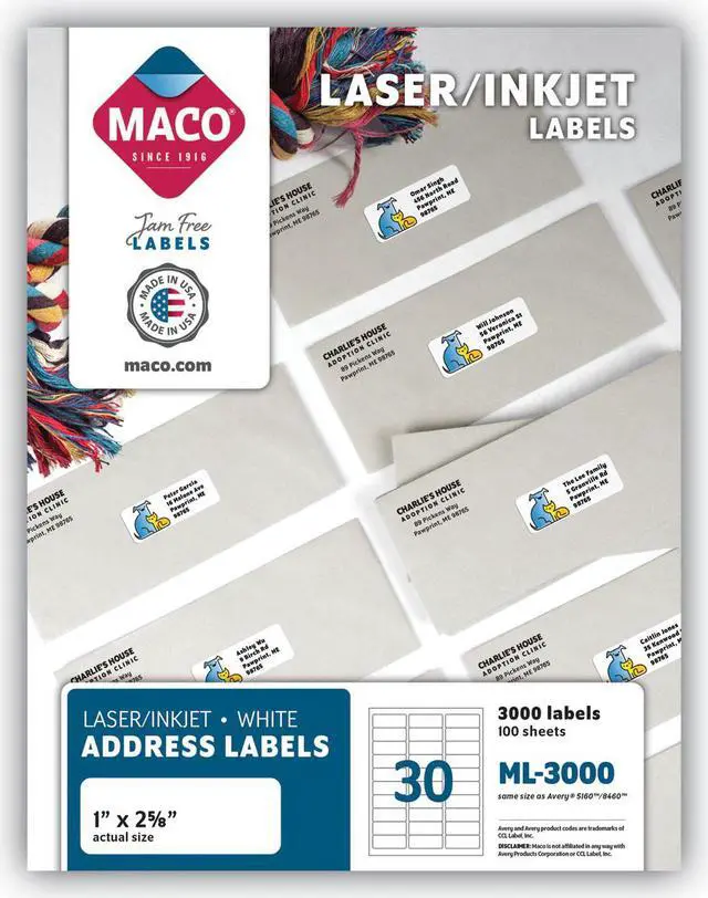 Alt view image 2 of 4 - Maco MML-3000 1" x 2 5/8" White Label 30 Labels - 100 Sheets