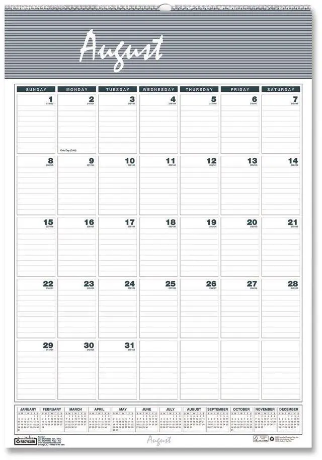 Main image of Academic Year Bar Harbor Recycled Wirebound Monthly Wall Calendar 12 x 17 White/Blue Sheets 12-Month Aug-July: 2025-2026 352