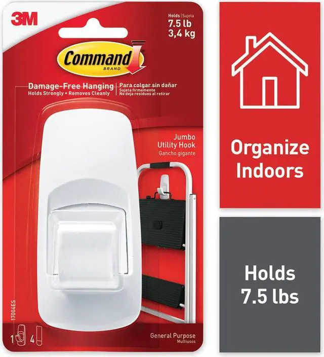 Alt view image 4 of 9 - 3M MMM17004 Jumbo Hooks- Adhesive- 1 Hook-4 Strips- 7-.50 lb Cap.- White