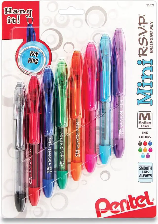 Alt view image 10 of 12 - Pentel Mini Ballpoint Pen Medium Rubber Grip Nonrefillable 8/PK Ast BK91MNBP8M