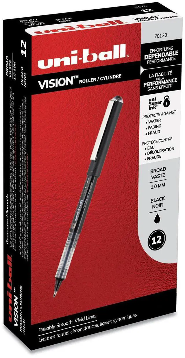 Main image of Uni-ball VISION Roller Ball Pen, Bold 1 mm, Black Ink, Black Barrel, Dozen