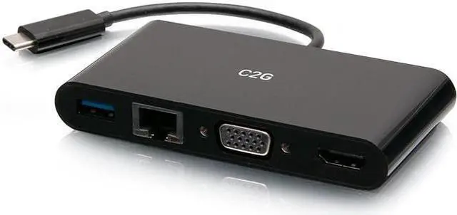 Alt view image 2 of 5 - C2G USB C to HDMI, VGA, USB A & RJ45 Adapter - 4K 30Hz - Black - for Notebook/Tablet PC - USB 3.1 Type C - 4K, Full HD - 3840 x 2160, 1920 x 1200 - 1 x USB 3.0 - USB Type-A - USB Type-C - 1 x RJ-4