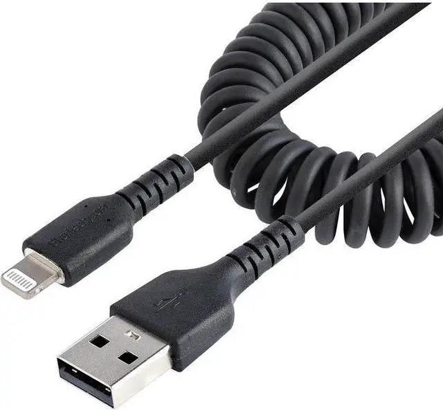 Main image of StarTech 1m (3ft) USB to Lightning Cable, MFi Certified, Coiled iPhone Charger Cable, Black, Durable TPE Jacket Aramid Fiber, Heavy Duty Coil Lightning Cable