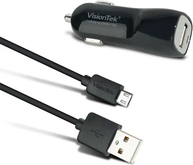 Alt view image 4 of 7 - VisionTek Products 2 Amp Car Charger with 3.2' Micro USB Cable for micro usb devices - Black