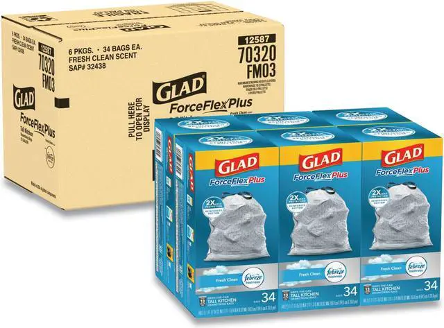 Alt view image 2 of 2 - Glad ForceFlex OdorShield Tall Kitchen Drawstring Trash Bags, 13 Gallon, Fresh Clean 34 ea