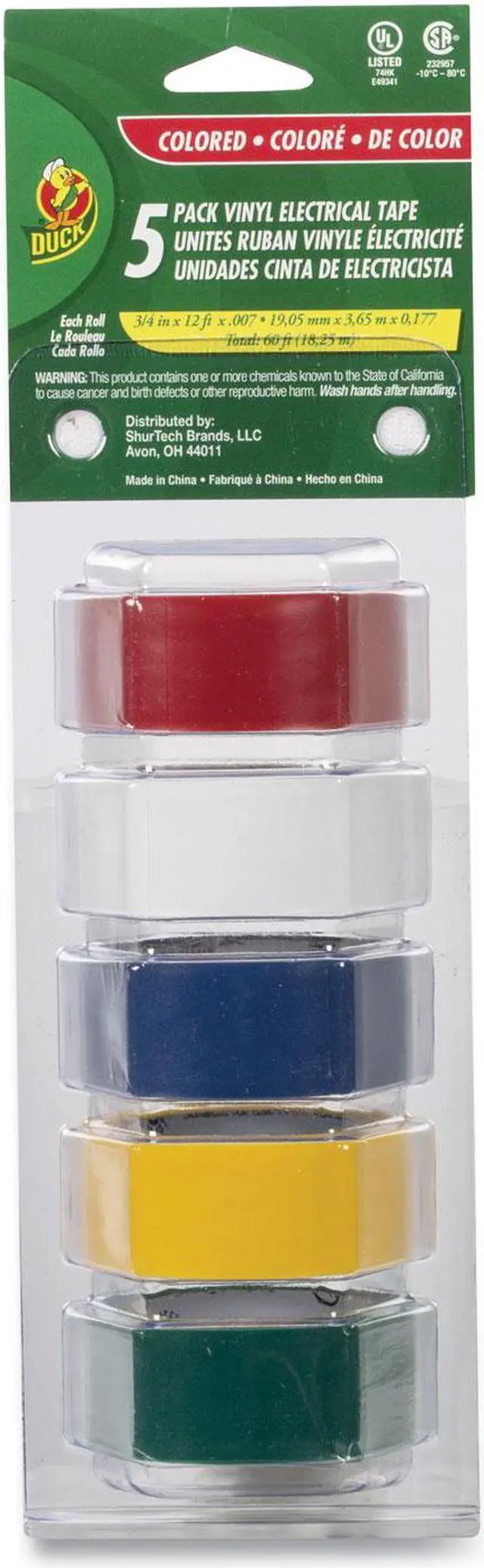 Alt view image 2 of 7 - Electrical Tape, 3/4" x 12 ft, 1" Core, Assorted, 5/Pack DUC280303