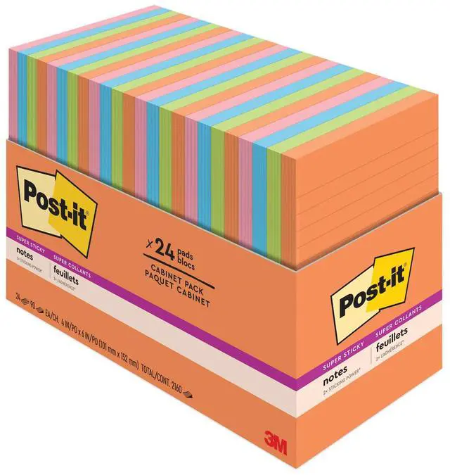 Main image of 3M 66024SSAUCP Super Sticky 4" x 6" List Notes, Rectangle, 45 Sheets per Pad, Multicolor, 24 / Pack